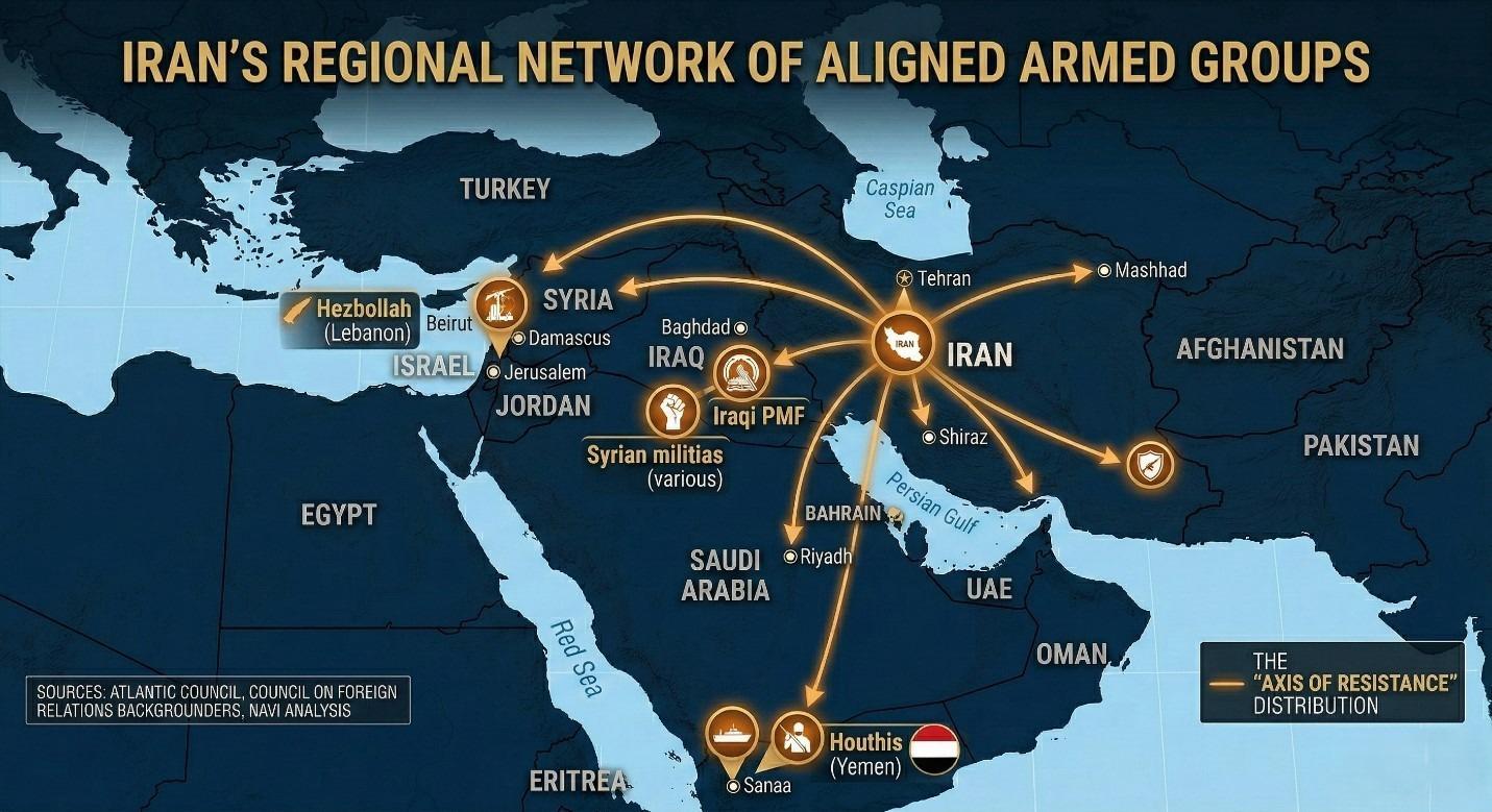 Iran’s regional network of aligned armed groups across Lebanon, Iraq, Syria, and Yemen.