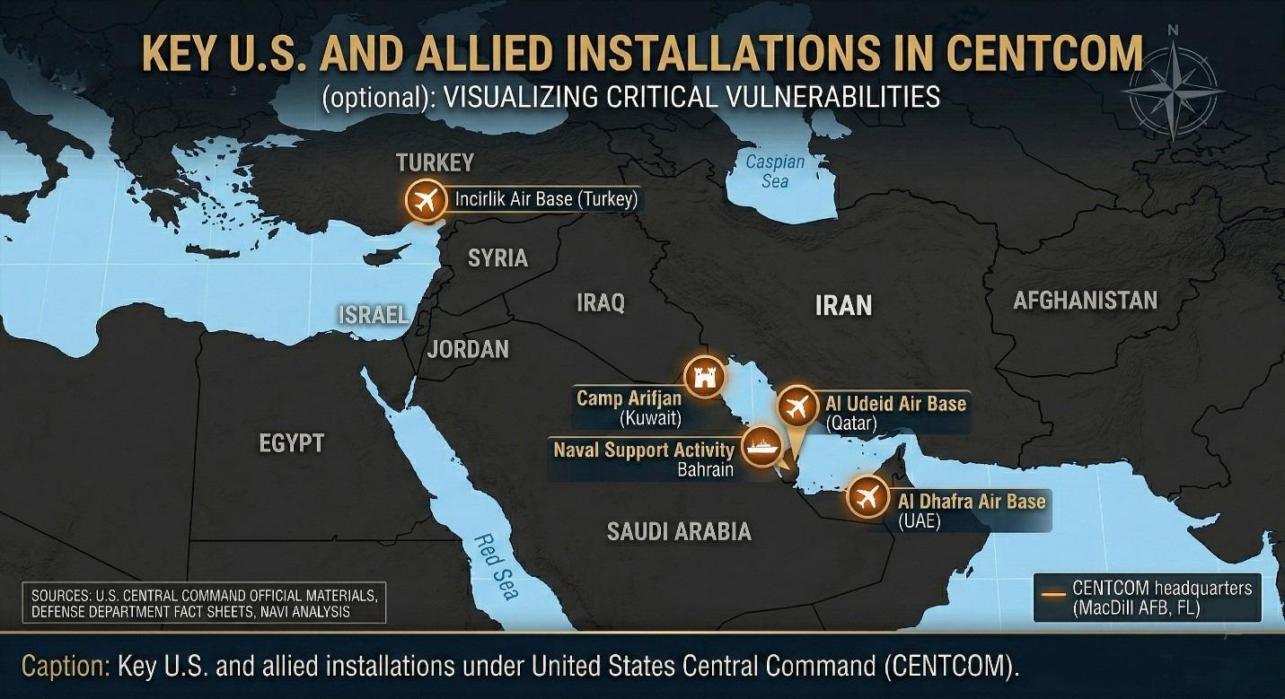 Key U.S. and allied installations under United States Central Command (CENTCOM).