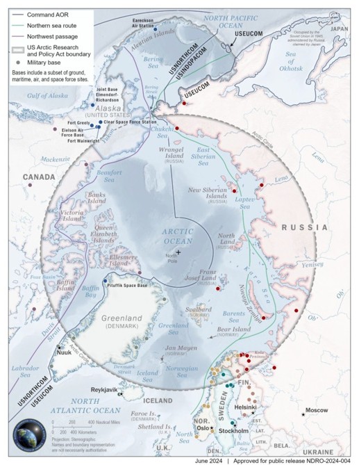 Map of the Arctic region showing major sea routes, military bases, command areas of responsibility, and strategic maritime corridors across North America, Greenland, Europe, and Russia.
