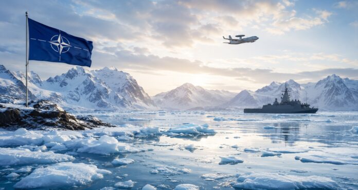 NATO forces operating in the Arctic region with a naval vessel, surveillance aircraft, and frozen Arctic landscape highlighting strategic security challenges in the High North.
