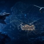 Strategic defense illustration showing Europe, Türkiye, stealth fighter, military drone and digital command systems.