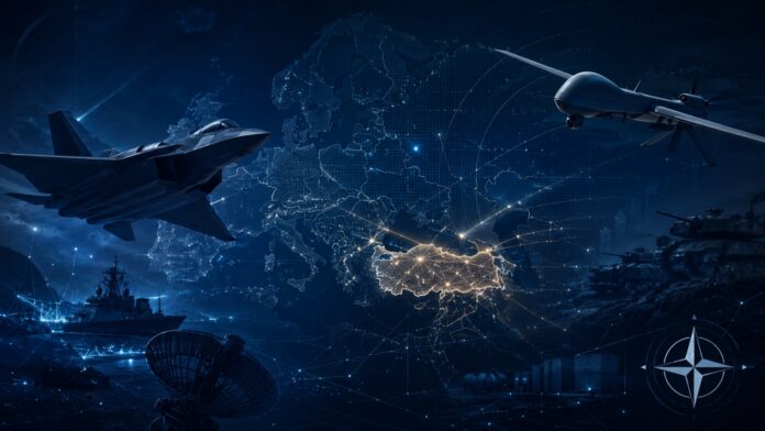 Strategic defense illustration showing Europe, Türkiye, stealth fighter, military drone and digital command systems.