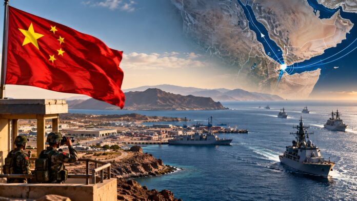 Illustration of China's military presence in Djibouti, showing Chinese naval vessels, the Red Sea, and the strategic Bab el-Mandeb Strait.