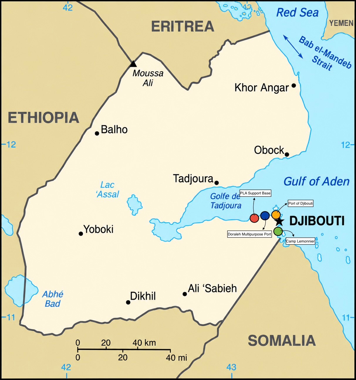 Map of Djibouti showing the Bab el-Mandeb Strait, Gulf of Aden, Chinese military base, Camp Lemonnier, and key ports.